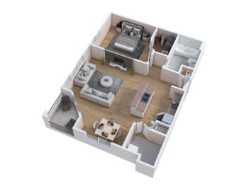 a 3d floor plan of a home with a bedroom and living room