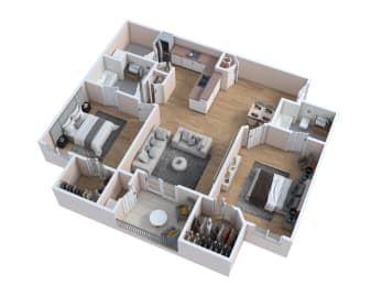 a 3d floor plan of a home with a bedroom and living room