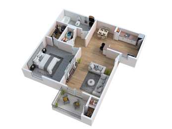 a bedroom with a living room and a dining room