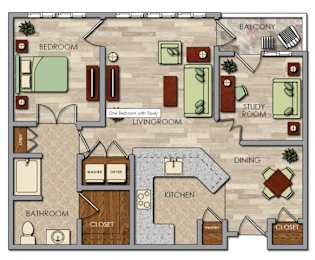 A floor plan of a house with a bedroom, living room, study room, dining area, kitchen, bathroom, and closet.