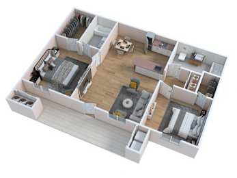 A 3D floor plan of a house with a kitchen, living room, and bedrooms.