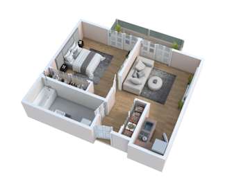 A top down view of a small apartment with a living room, kitchen, and bedroom.