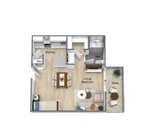 A floor plan of a small apartment with a kitchen, living room, and bathroom.
