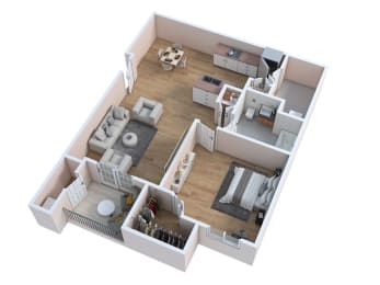 a 3d floor plan of a home with a bedroom and a living room