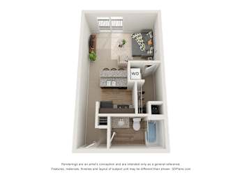 a stylized floor plan with a bedroom and a bathroom