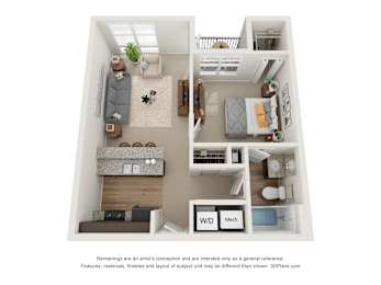 a stylized floor plan with a bedroom and living room