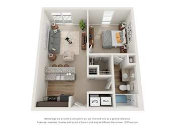 a 1 bedroom floor plan with a bathroom and a living room