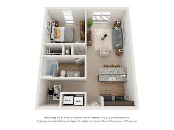a stylized floor plan with a bedroom and a living room