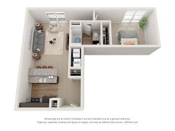 a stylized floor plan with a bedroom and living room