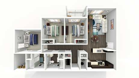 A 3D rendered image of a small, modern bathroom.