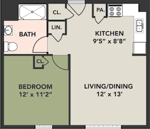A floor plan of a small apartment with a kitchen, living room, dining room, and bathroom.