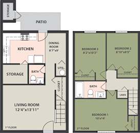  Floor Plan 3 Bedroom, 1-1/2 Bath Townhome