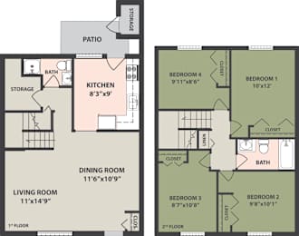  Floor Plan 4 Bedroom, 2 Bath Townhome