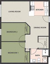 A floor plan of a small apartment with two bedrooms, a living room, a kitchen, a dining room, and a bathroom.