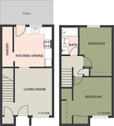 Floorplan, 2 Bedroom, 1 Bath Townhome