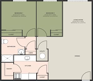 A floor plan of a house with two bedrooms, a pantry, a kitchen, a bathroom, a linen closet, a utility closet, and a dining area.
