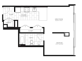1 Bed 1 Bath Floorplan | 595 Sq. Ft. at Flair Tower Apartments, Chicago, IL