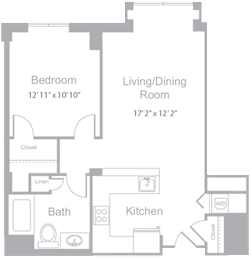 A floor plan of a room with a bedroom, living/dining room, kitchen, and bathroom.