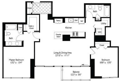 2 Bed 2 Bath Floor Plan | 1,280 Sq. Ff. at Shoreham and Tides, Chicago Illinois