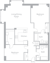 B2 Two Bedroom Two  Bath Floor Plan | 1,081 Sq. Ft. at Amelia, Quincy, MA, 02169