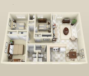 3 Bed 2 Bath Floor Plan with 998 Sq. Ft. at MALA GROVE Apartments, Hawaii, 96797