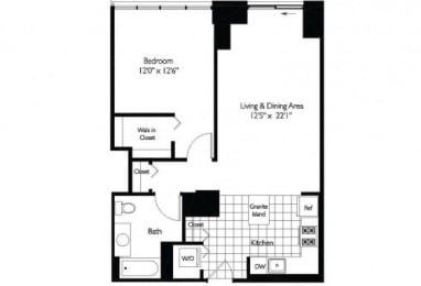 1 Bed 1 Bath Floor Plan | 870 Sq. Ft. at Shoreham and Tides, Chicago, IL 60601