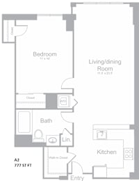 A floor plan of a one bedroom apartment.