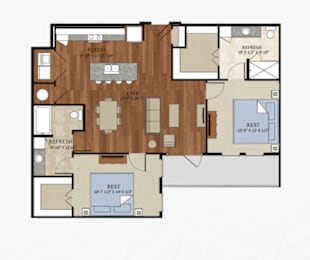 A floor plan of a house with labeled rooms and dimensions.