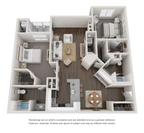 2 Bed 2 Bath Floor Plan | 1,260 Sq. Ft. at Willowest in Collier Hills, Georgia, 30318
