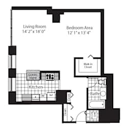 A black and white image of a floor plan for a home with a living room, kitchen, and bedroom area.