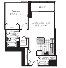 1 Bed 1 Bath Floor Plan | 750 Sq. Ff. at Shoreham and Tides, Chicago, IL