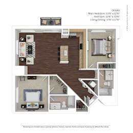 A floor plan of a DEGAS apartment with a main bedroom, bedroom, and living/dining area.