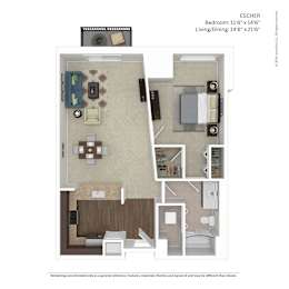 A floor plan of an Escher apartment showing a bedroom, living room, and kitchen.