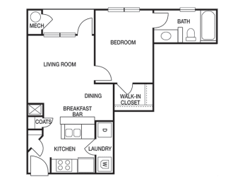 1 Bed 1 Bath Floor Plan | 569 Sq. Ft. at Willowest in Collier Hills, Atlanta, GA