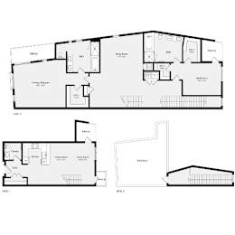 A floor plan of a house with three bedrooms, a living room, and a kitchen.