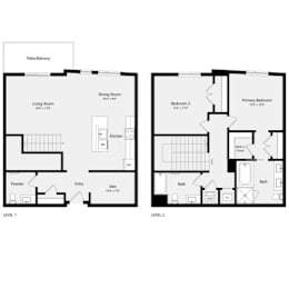 A floor plan of a two level home with a living room, dining room, kitchen, and two bedrooms.