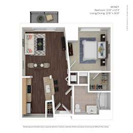 A floor plan of a one bedroom apartment with a living room, kitchen, and bathroom.