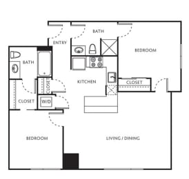 2 Bed 2 Bath Floor Plan with 882 Sq. Ft. at The Parker Apartments, Portland, Oregon