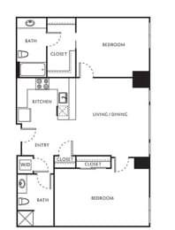 2 Bed 2 Bath Floor Plan with 951 Sq. Ft. at The Parker Apartments, Portland, OR, 97209
