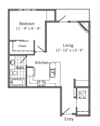 1 Bed 1 Bath Floor Plan | 840 Sq. Ft. at 128 on State, Kirkland, 98033