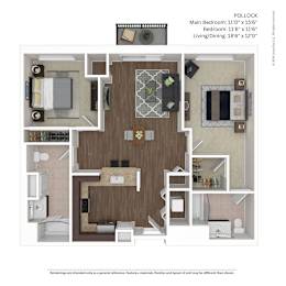 A floor plan of a POLOLOCK apartment with a living room, dining room, kitchen, and two bedrooms.