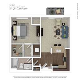 A floor plan of a RENOIR apartment showing a bedroom, living room and dining area.