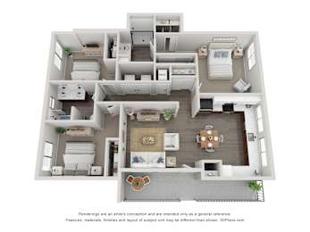 A 3D floor plan of a house with a kitchen, living room, and bedrooms.