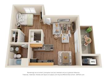 A 3D floor plan of a small apartment with a kitchen, living room, and bathroom.