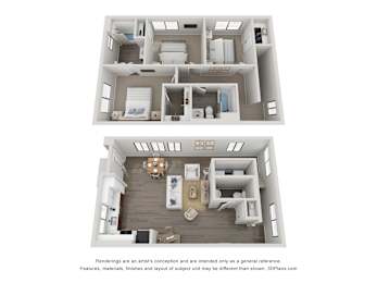 A 3D floor plan of a house with two bedrooms, a living room, a kitchen, and a bathroom.