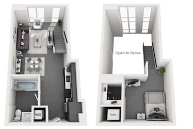 A diagram of a two-story apartment with a staircase leading to the second floor.