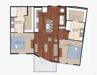 B10 floor plan rendering with two bedrooms and two bathrooms at Abstract at Design District in Dallas, TX