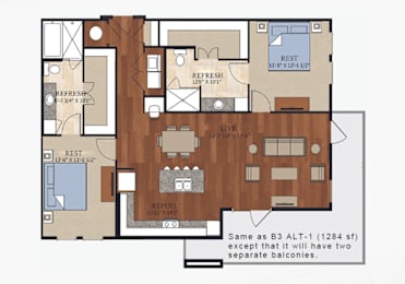 B3 Alt 3 floor plan renderings with two bedrooms and two bathroom at Abstract at Design District in Dallas, Texas