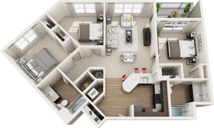 a 3d drawing of a floor plan with a bedroom and a living room