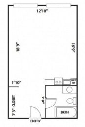 studio floor plan with 400 Sq. Ft. at The Flat Apartments in Los Angeles, CA